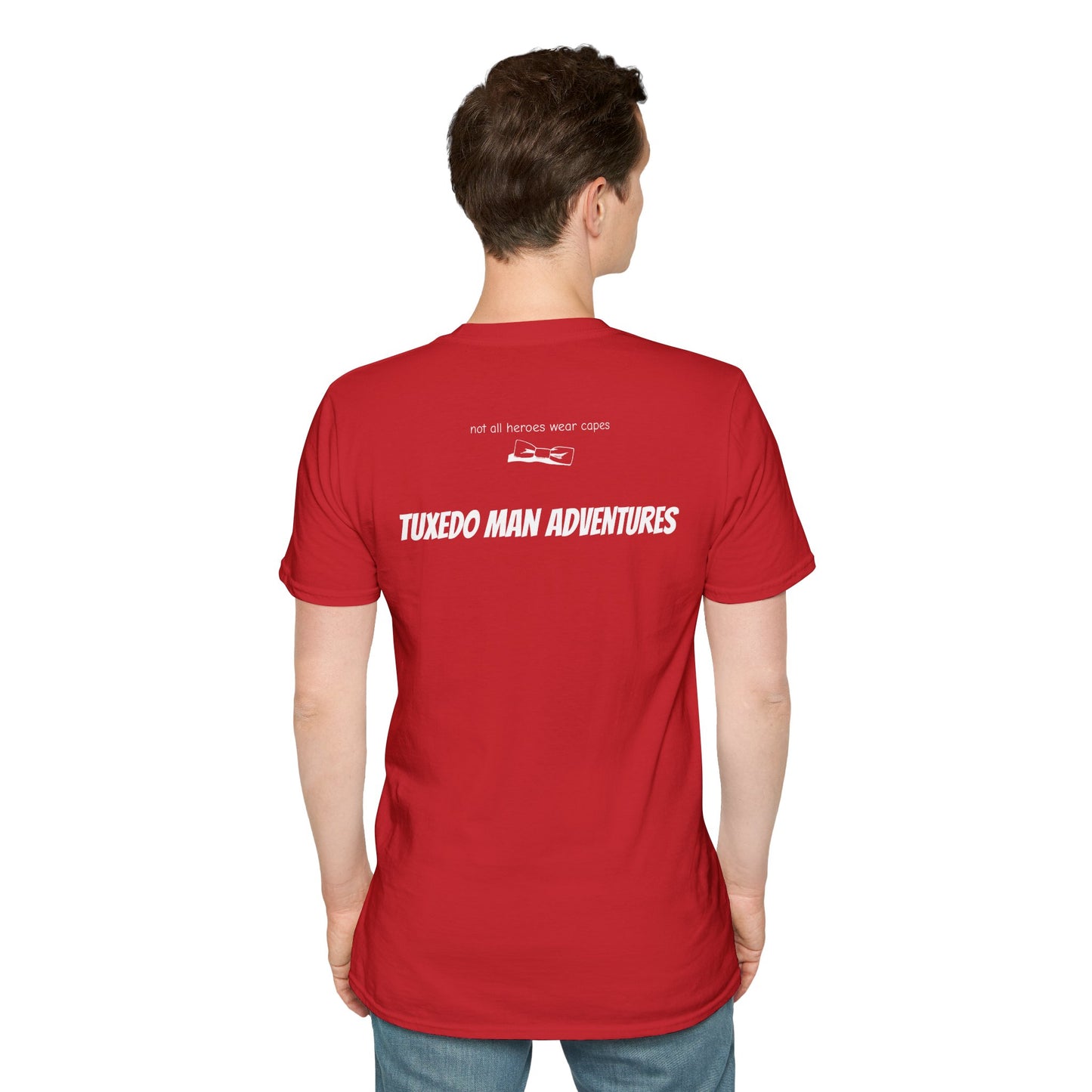 Adult Unisex Tuxedo Man Logo (white logo on dark palette) Gildan100% cotton Softstyle T-Shirt S-3XL