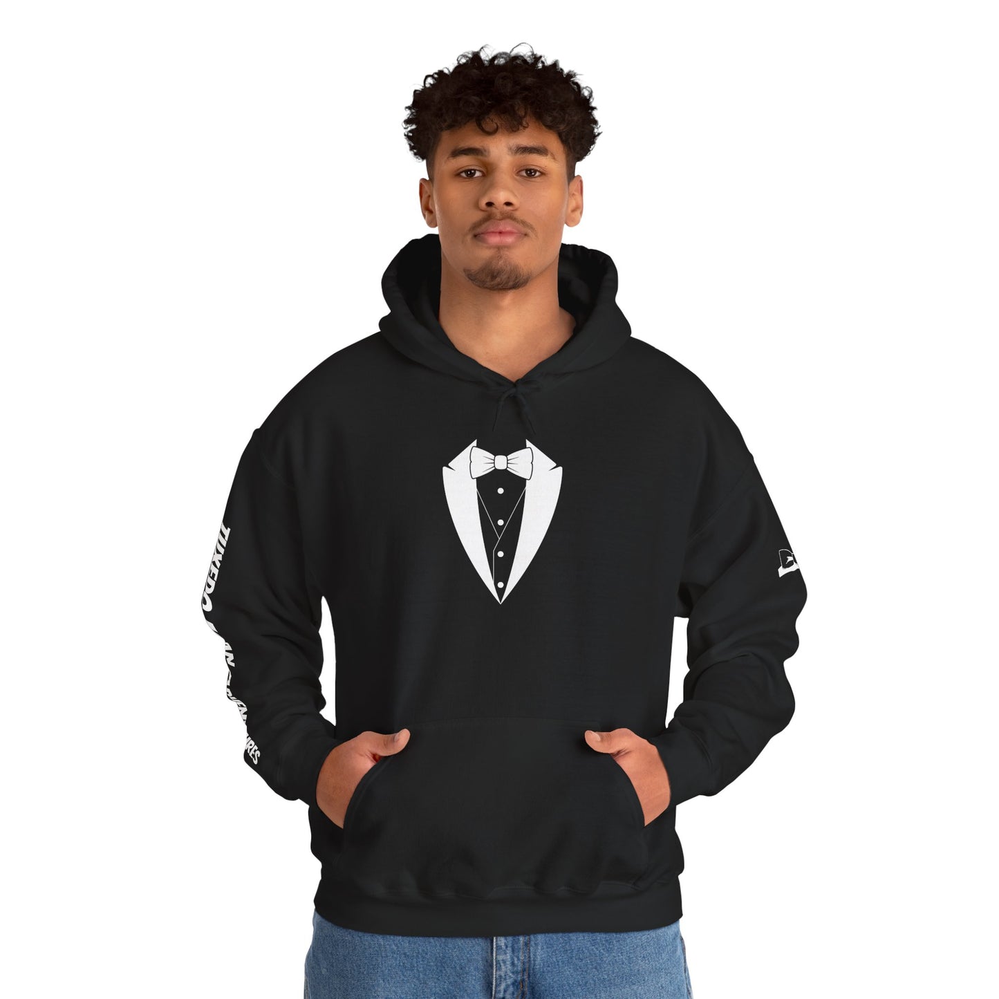 Adult Unisex Hooded Sweatshirt Tuxedo Man Logo (white logo, dark colors) Gildan Heavy Blend™  S-5XL
