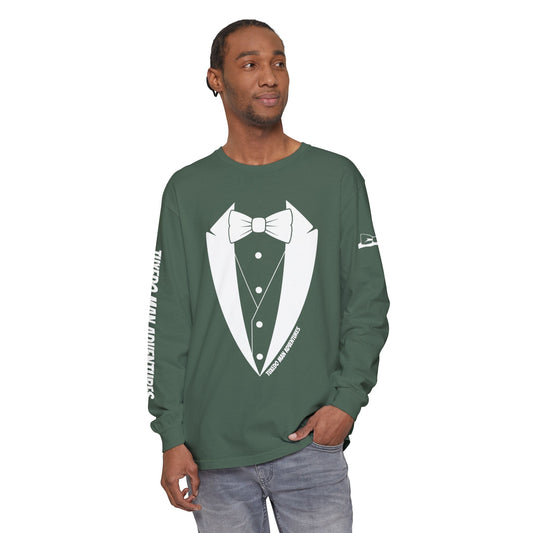 Premium Unisex Garment-dyed Classic Tuxedo Man White Logo Long Sleeve T-Shirt S-3XL
