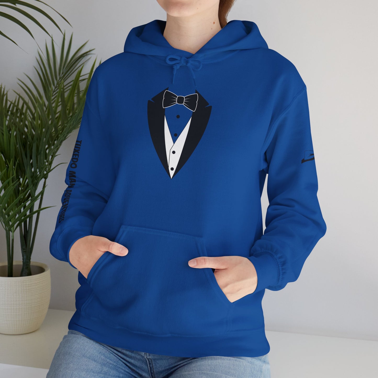 Adult Unisex Hooded Sweatshirt Tuxedo Man Logo (white logo, dark colors)  Gildan Heavy Blend™  S-5XL