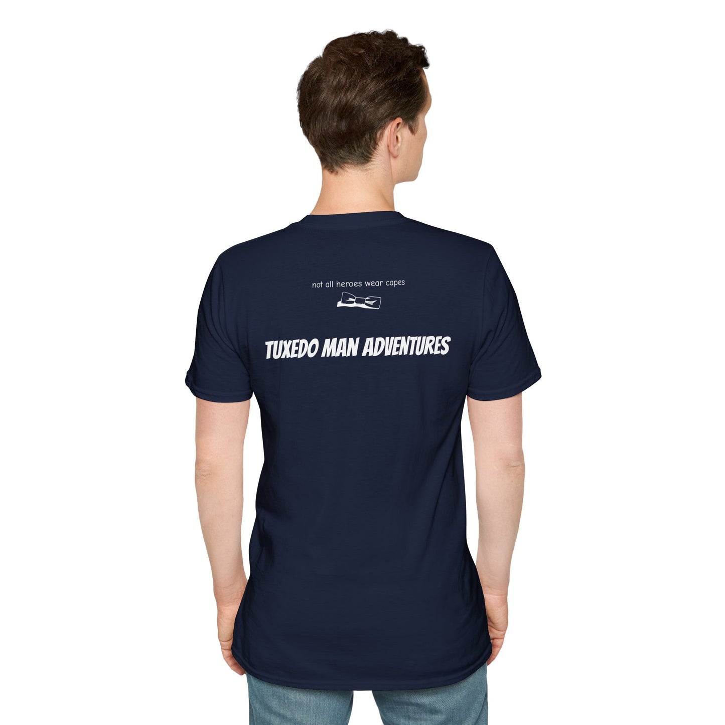 Adult Unisex Tuxedo Man Logo (white logo on dark palette) Gildan100% cotton Softstyle T-Shirt S-3XL