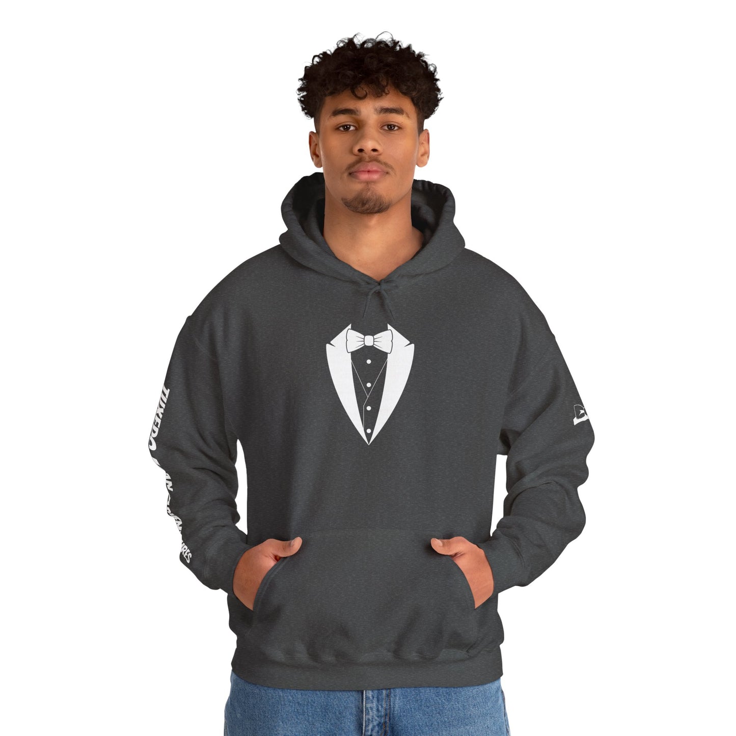 Adult Unisex Hooded Sweatshirt Tuxedo Man Logo (white logo, dark colors) Gildan Heavy Blend™  S-5XL