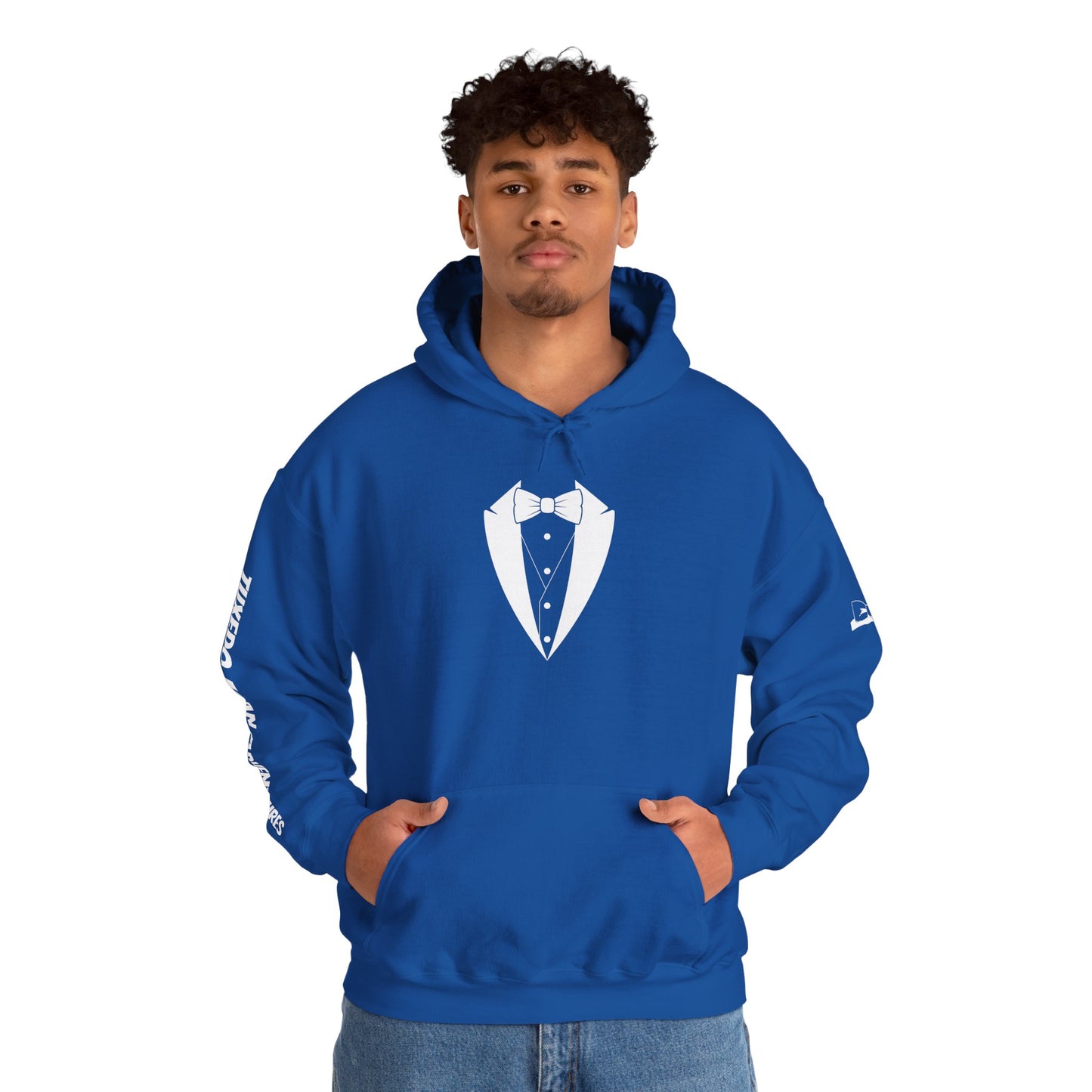 Adult Unisex Hooded Sweatshirt Tuxedo Man Logo (white logo, dark colors) Gildan Heavy Blend™  S-5XL