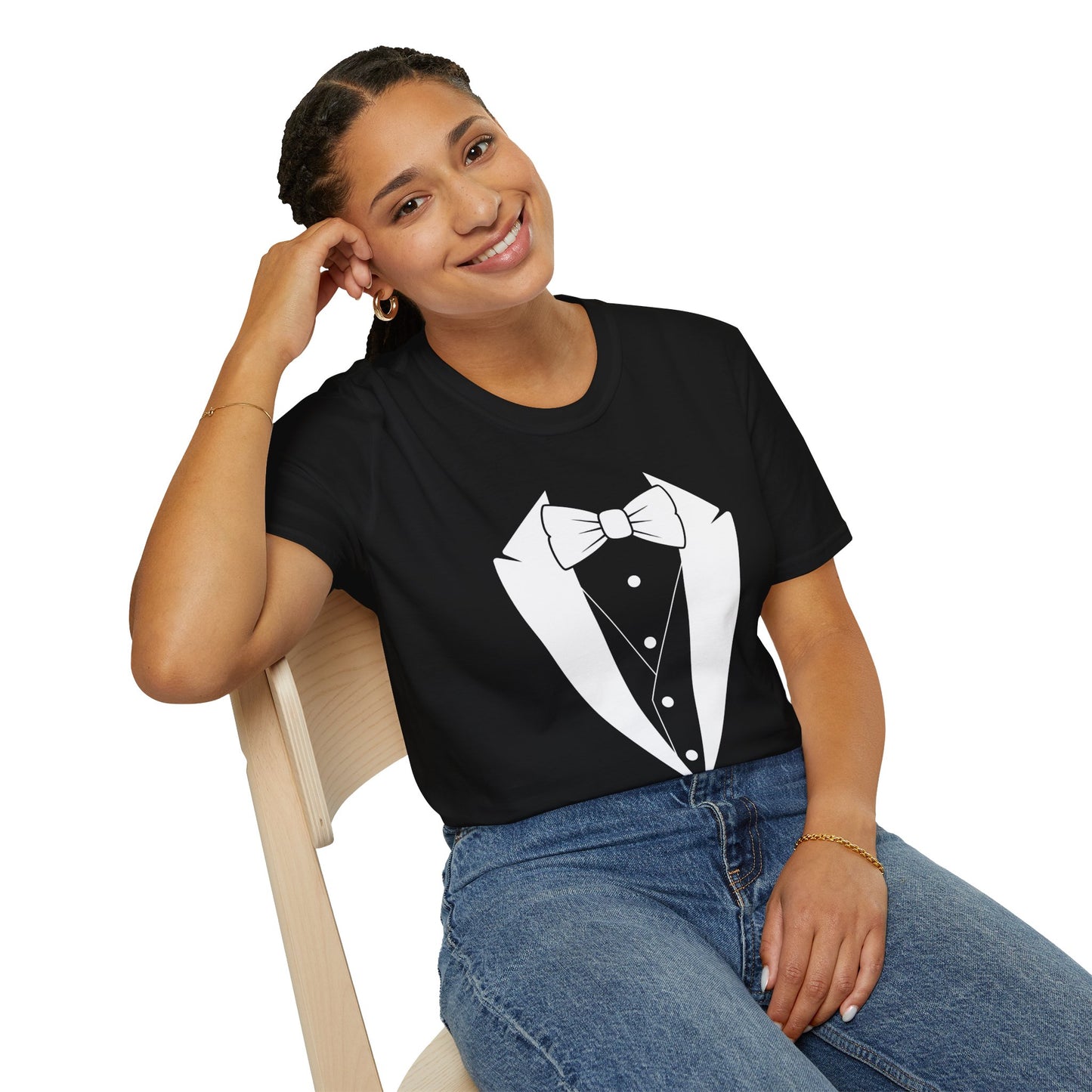 Adult Unisex Tuxedo Man Logo (white logo on dark palette) Gildan100% cotton Softstyle T-Shirt S-3XL