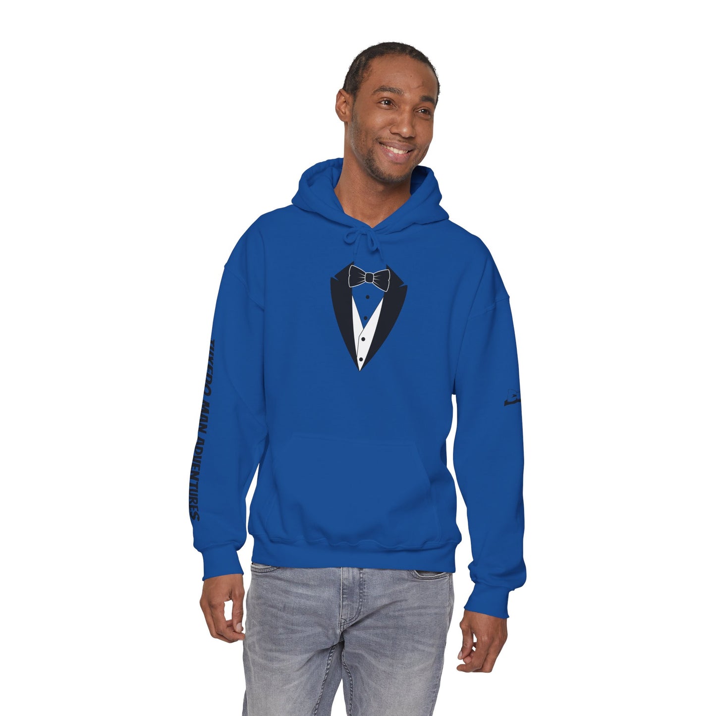 Adult Unisex Hooded Sweatshirt Tuxedo Man Logo (white logo, dark colors)  Gildan Heavy Blend™  S-5XL