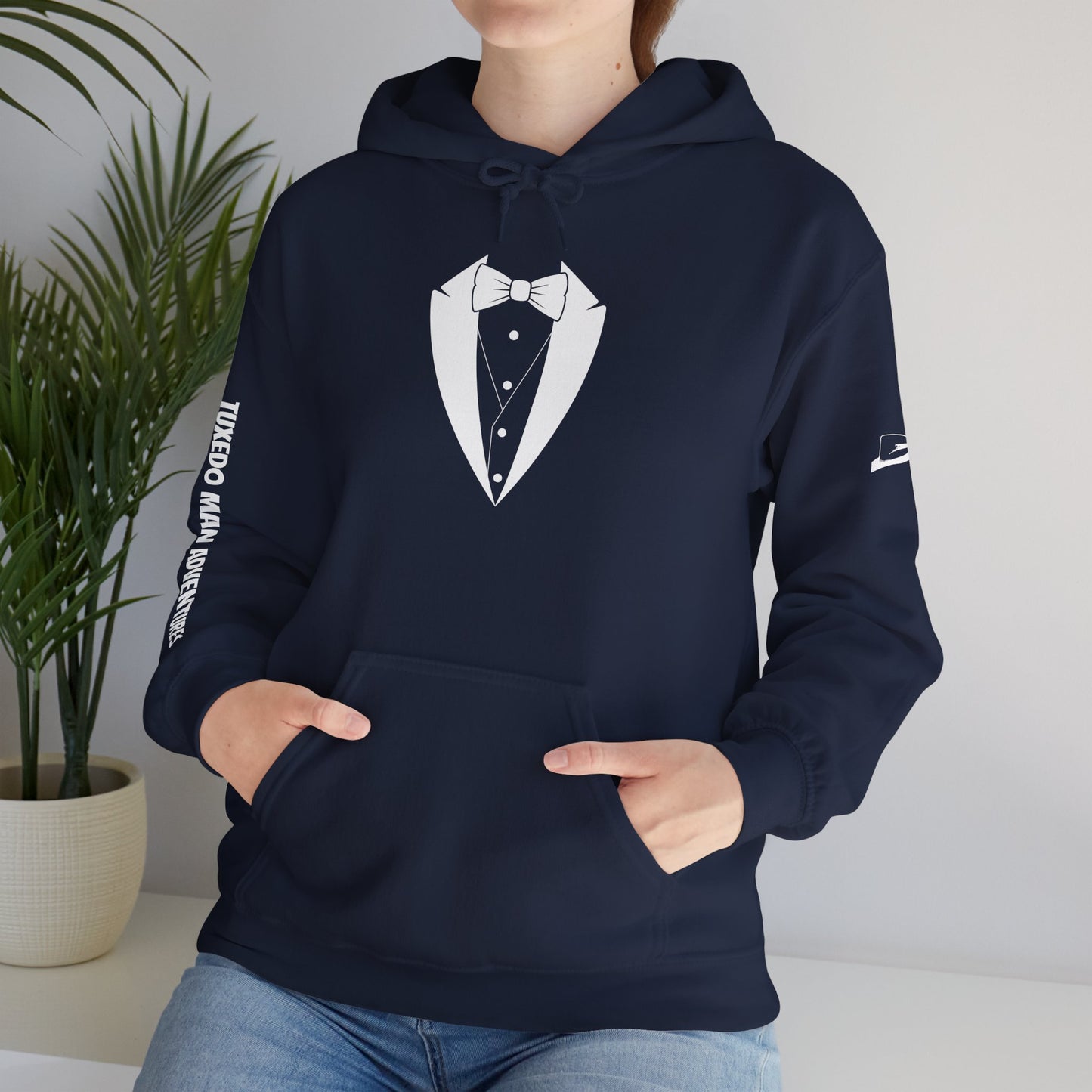 Adult Unisex Hooded Sweatshirt Tuxedo Man Logo (white logo, dark colors) Gildan Heavy Blend™  S-5XL