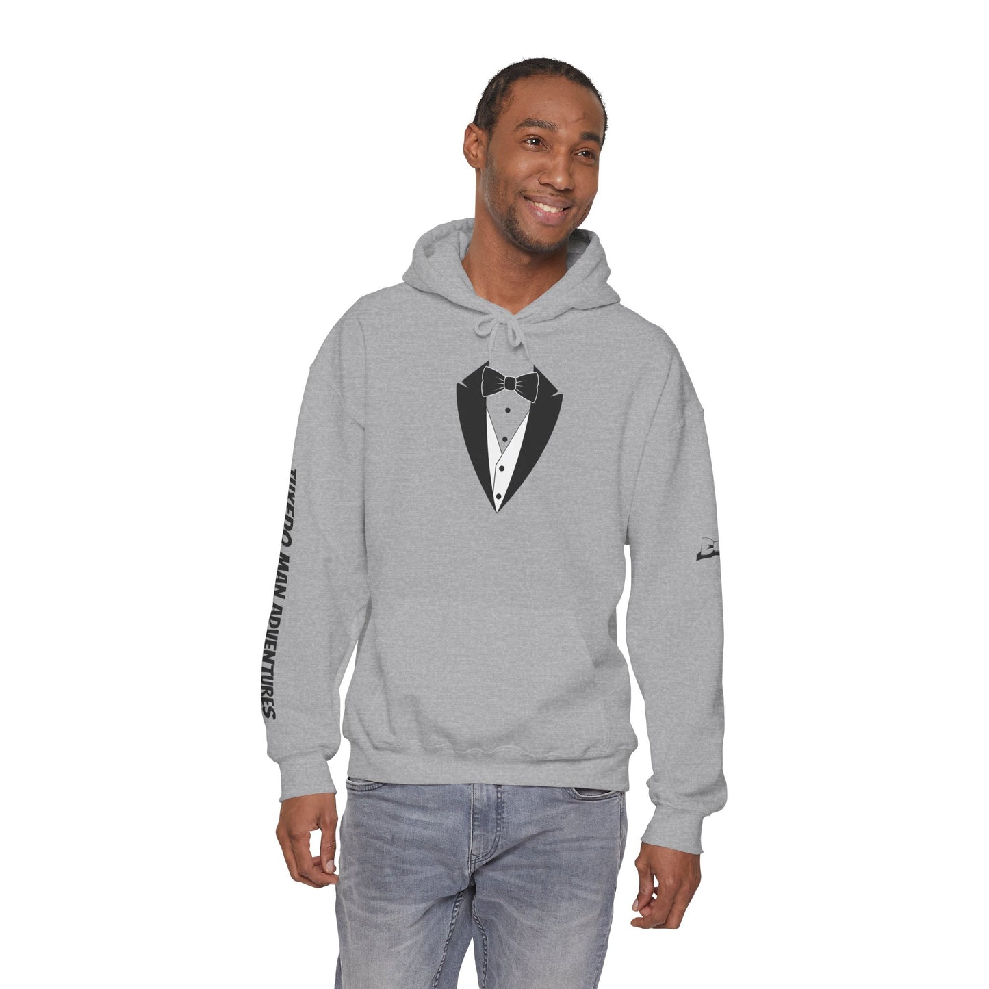Adult Unisex Hooded Sweatshirt Tuxedo Man Logo (white logo, dark colors)  Gildan Heavy Blend™  S-5XL