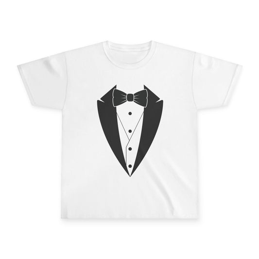 Youth Tuxedo Man Youth (black logo on white) Gildan Lightweight 100% Ultra Cotton Tee S-M-L