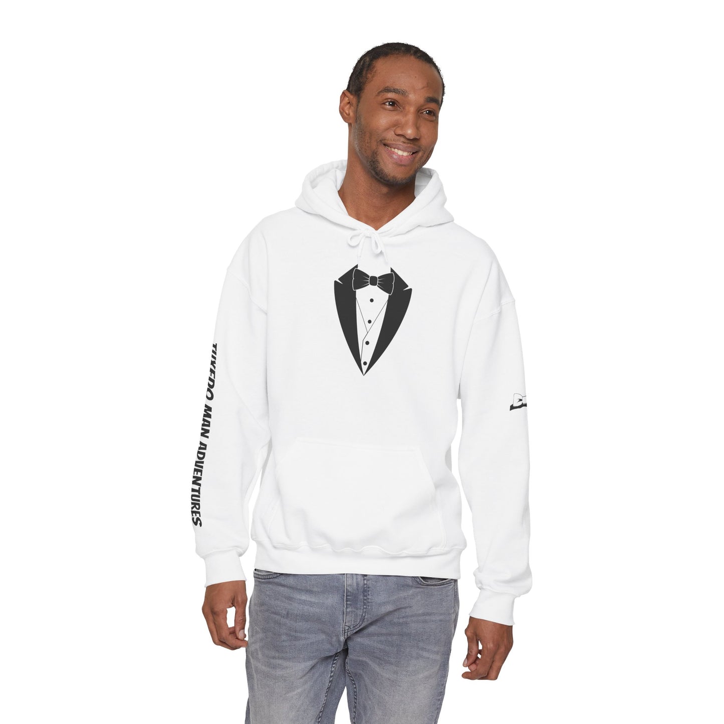Adult Unisex Hooded Sweatshirt Tuxedo Man Logo (white logo, dark colors)  Gildan Heavy Blend™  S-5XL