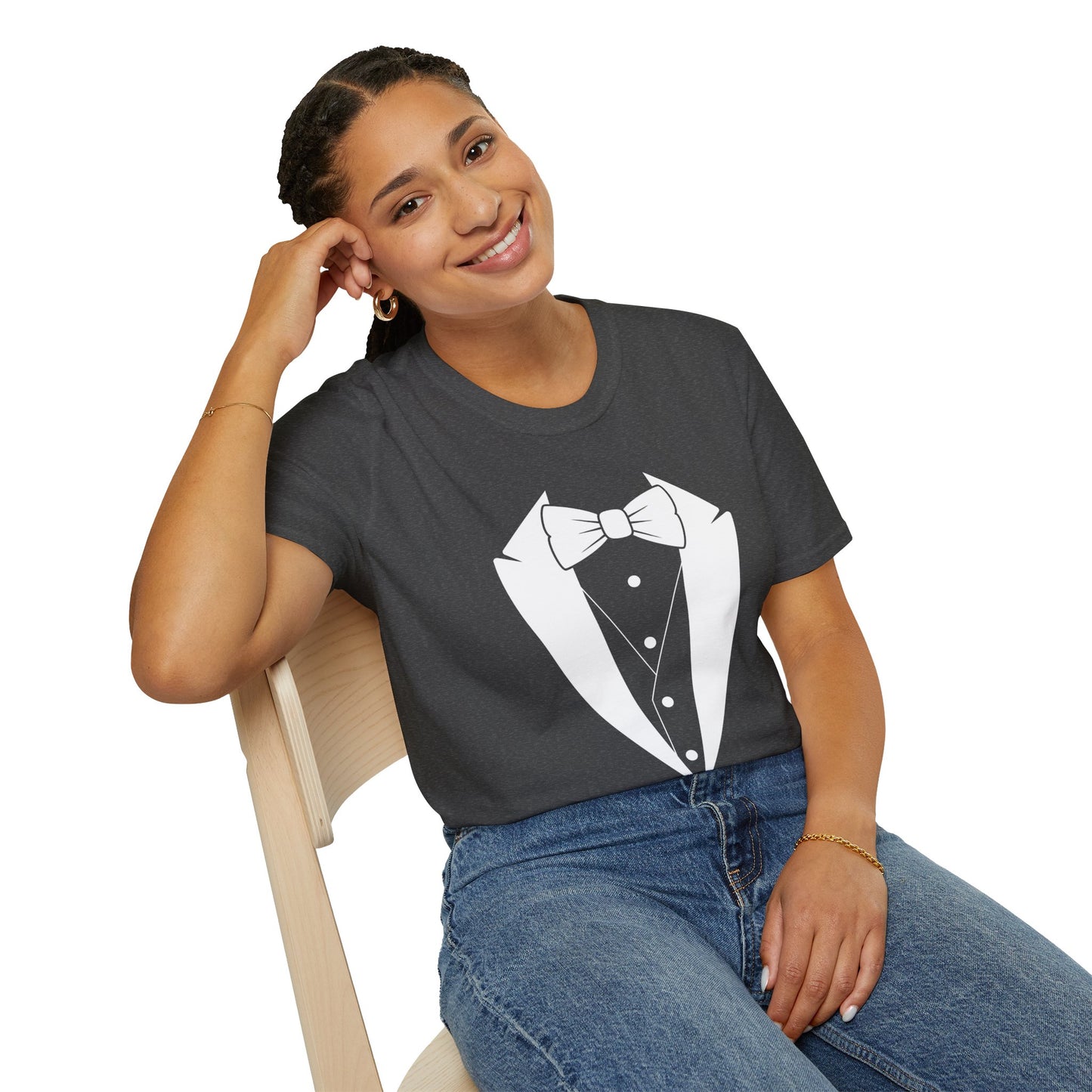 Adult Unisex Tuxedo Man Logo (white logo on dark palette) Gildan100% cotton Softstyle T-Shirt S-3XL