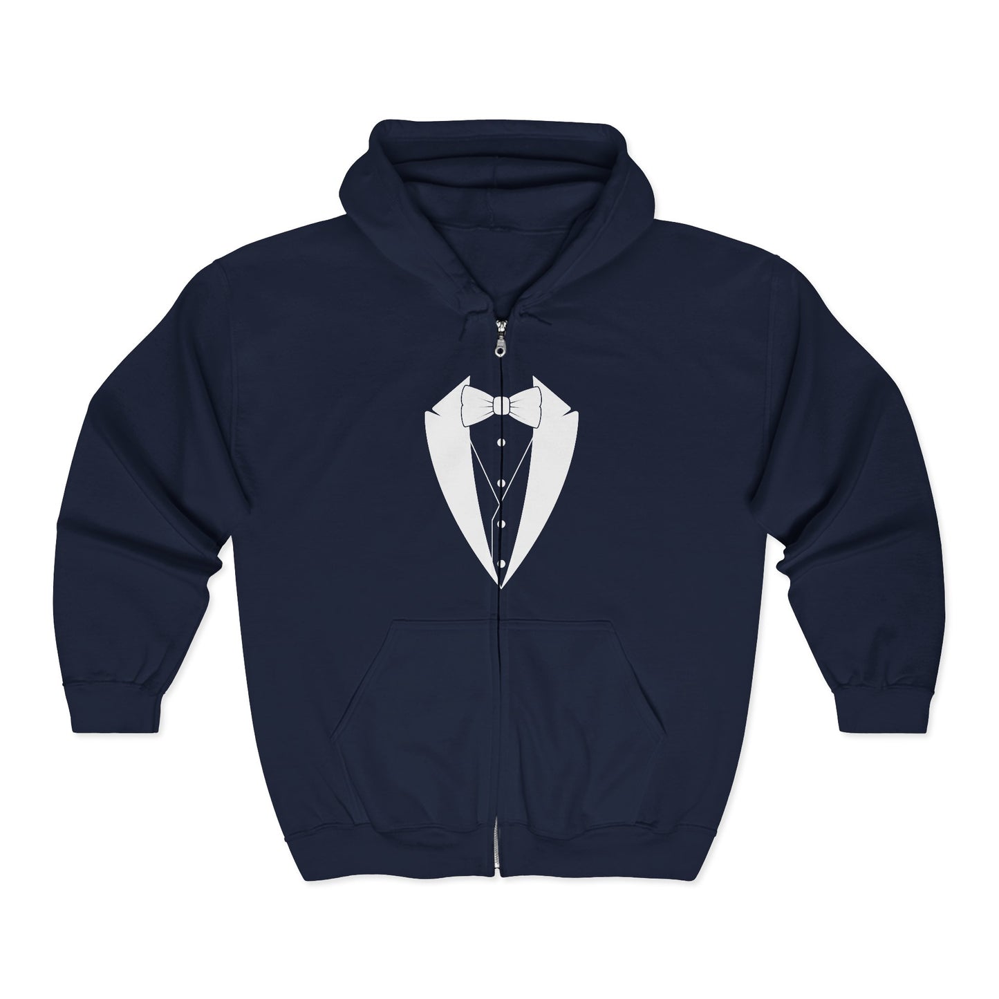 Adult Unisex Tuxedo Man White Logo Gildan Full Zip Hooded Sweatshirt S-3XL