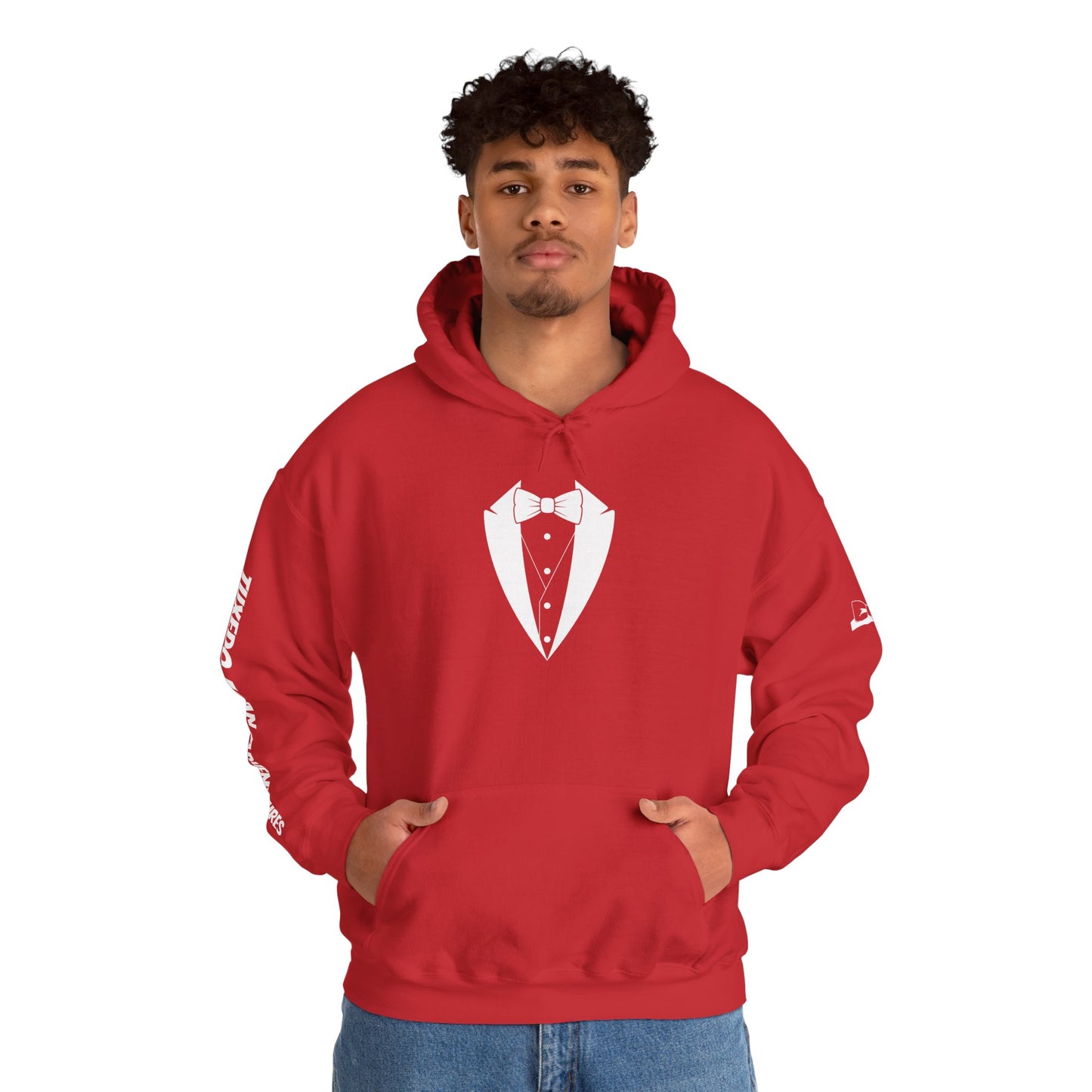 Adult Unisex Hooded Sweatshirt Tuxedo Man Logo (white logo, dark colors) Gildan Heavy Blend™  S-5XL