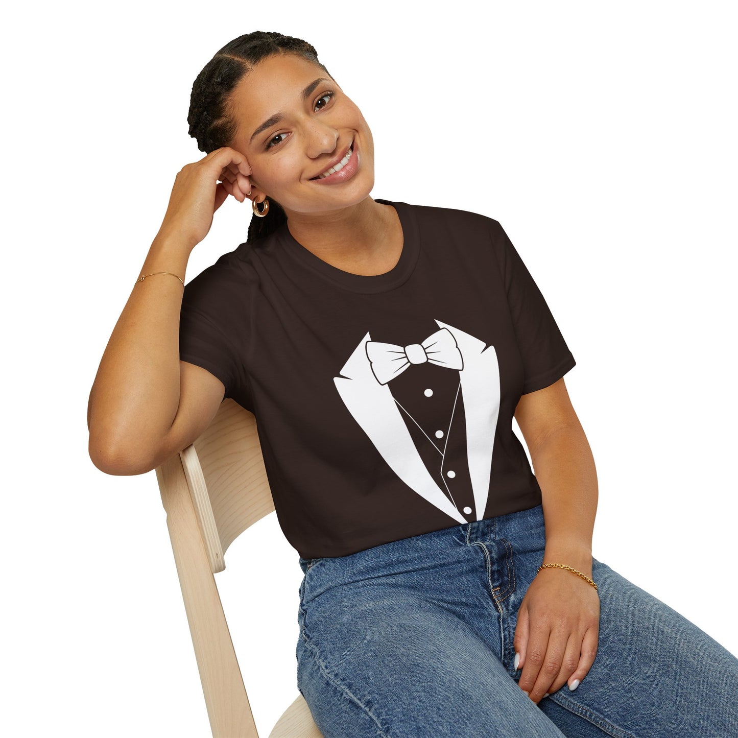 Adult Unisex Tuxedo Man Logo (white logo on dark palette) Gildan100% cotton Softstyle T-Shirt S-3XL