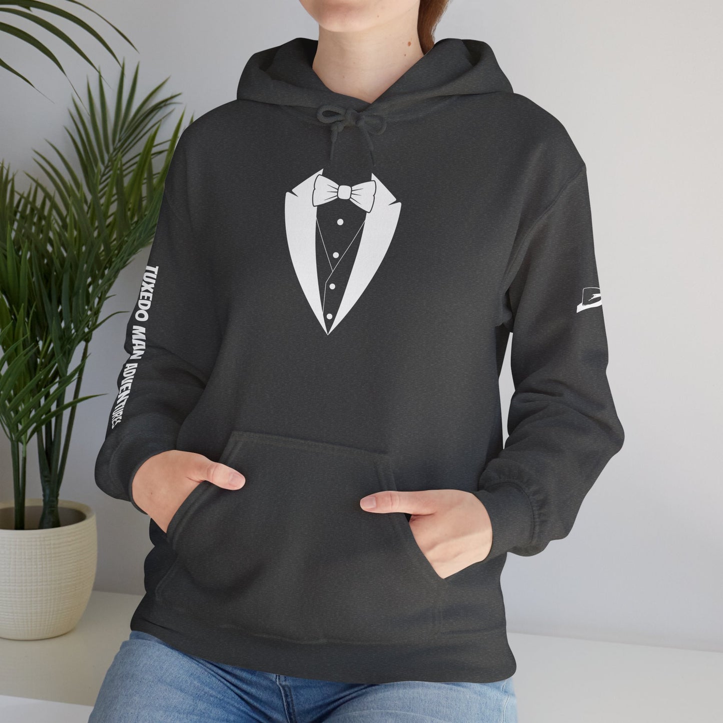 Adult Unisex Hooded Sweatshirt Tuxedo Man Logo (white logo, dark colors) Gildan Heavy Blend™  S-5XL