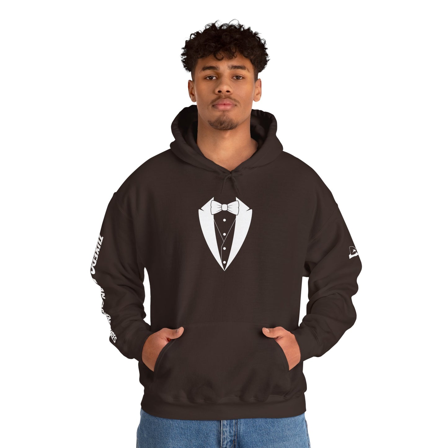Adult Unisex Hooded Sweatshirt Tuxedo Man Logo (white logo, dark colors) Gildan Heavy Blend™  S-5XL