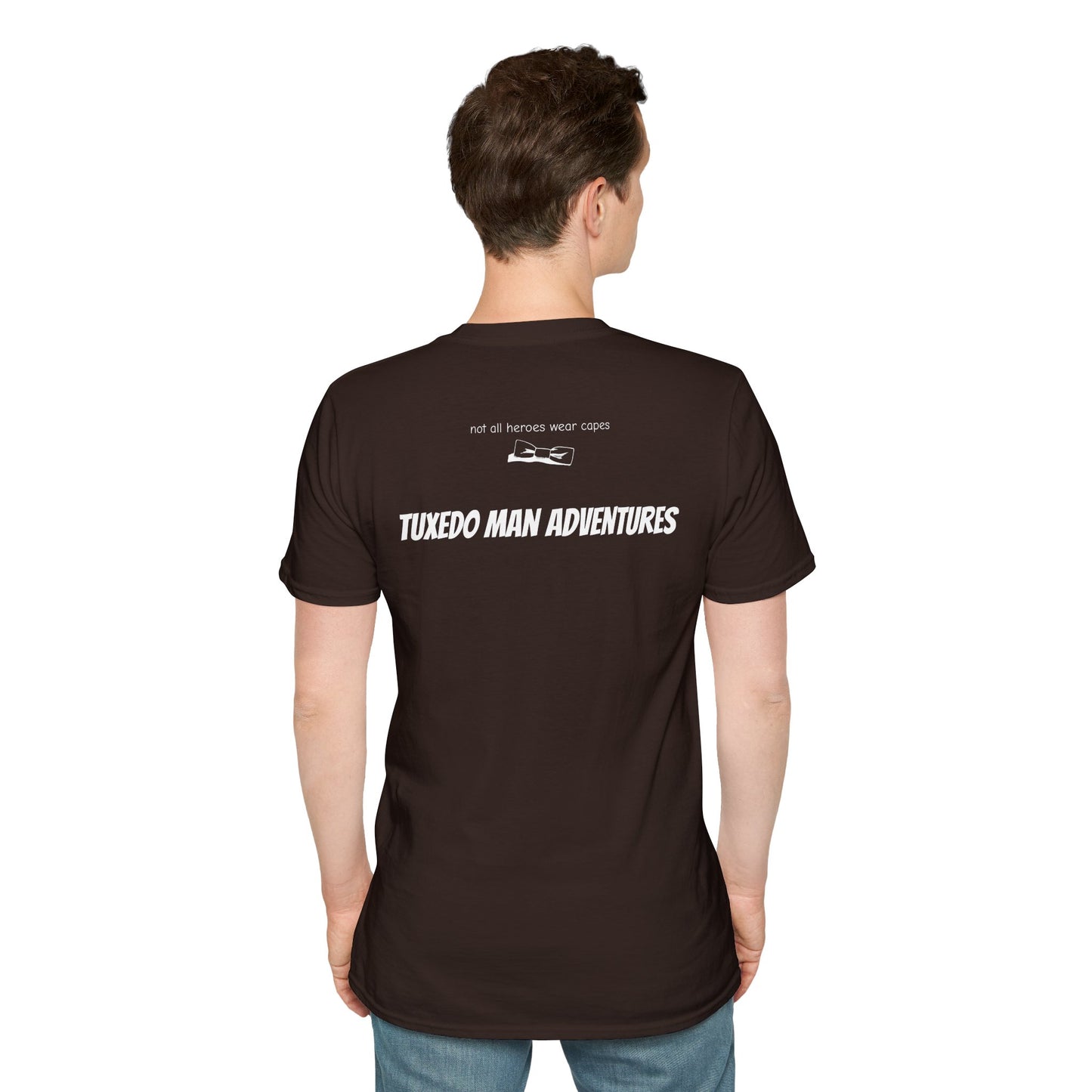 Adult Unisex Tuxedo Man Logo (white logo on dark palette) Gildan100% cotton Softstyle T-Shirt S-3XL