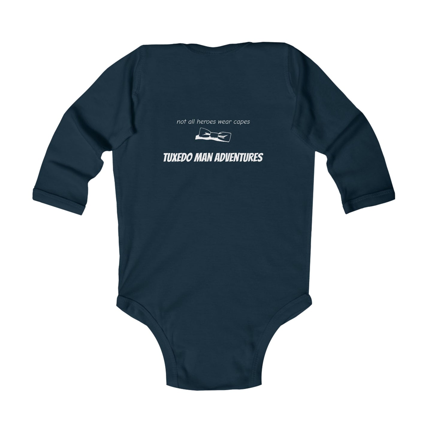 Infant Tuxedo Man Long Sleeve Bodysuit (white logo, dark colors) 0-18mo