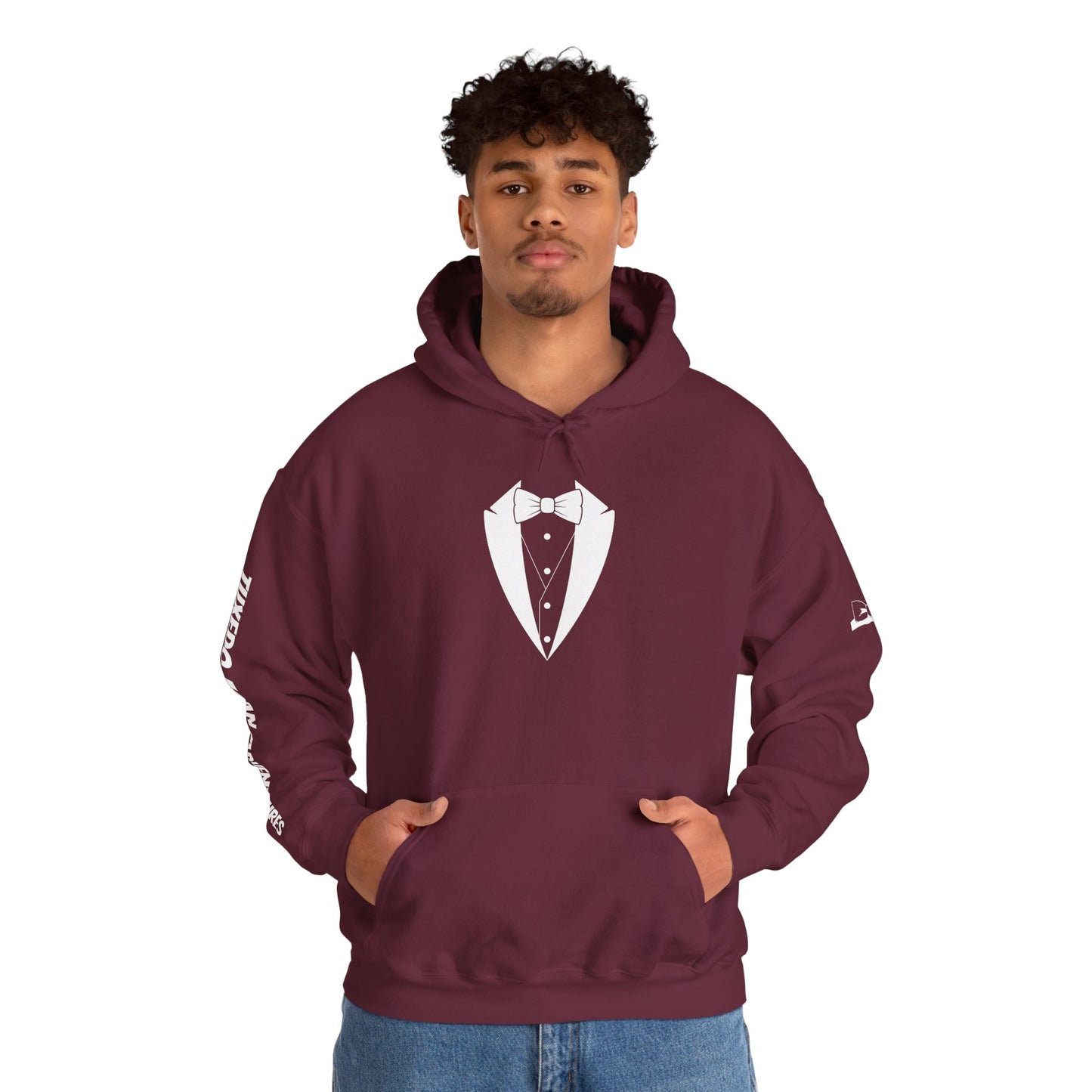 Adult Unisex Hooded Sweatshirt Tuxedo Man Logo (white logo, dark colors) Gildan Heavy Blend™  S-5XL