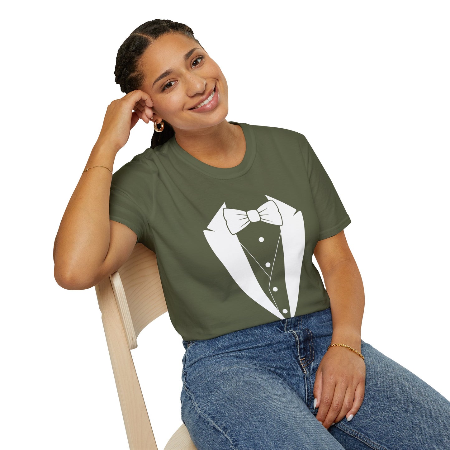Adult Unisex Tuxedo Man Logo (white logo on dark palette) Gildan100% cotton Softstyle T-Shirt S-3XL