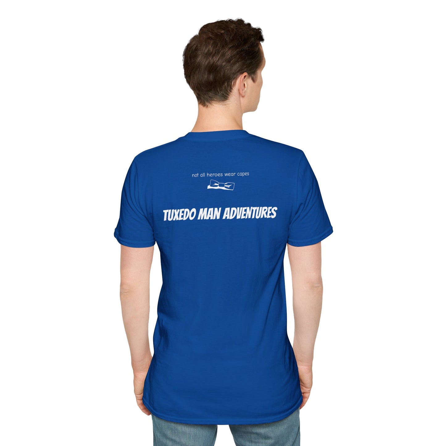 Adult Unisex Tuxedo Man Logo (white logo on dark palette) Gildan100% cotton Softstyle T-Shirt S-3XL