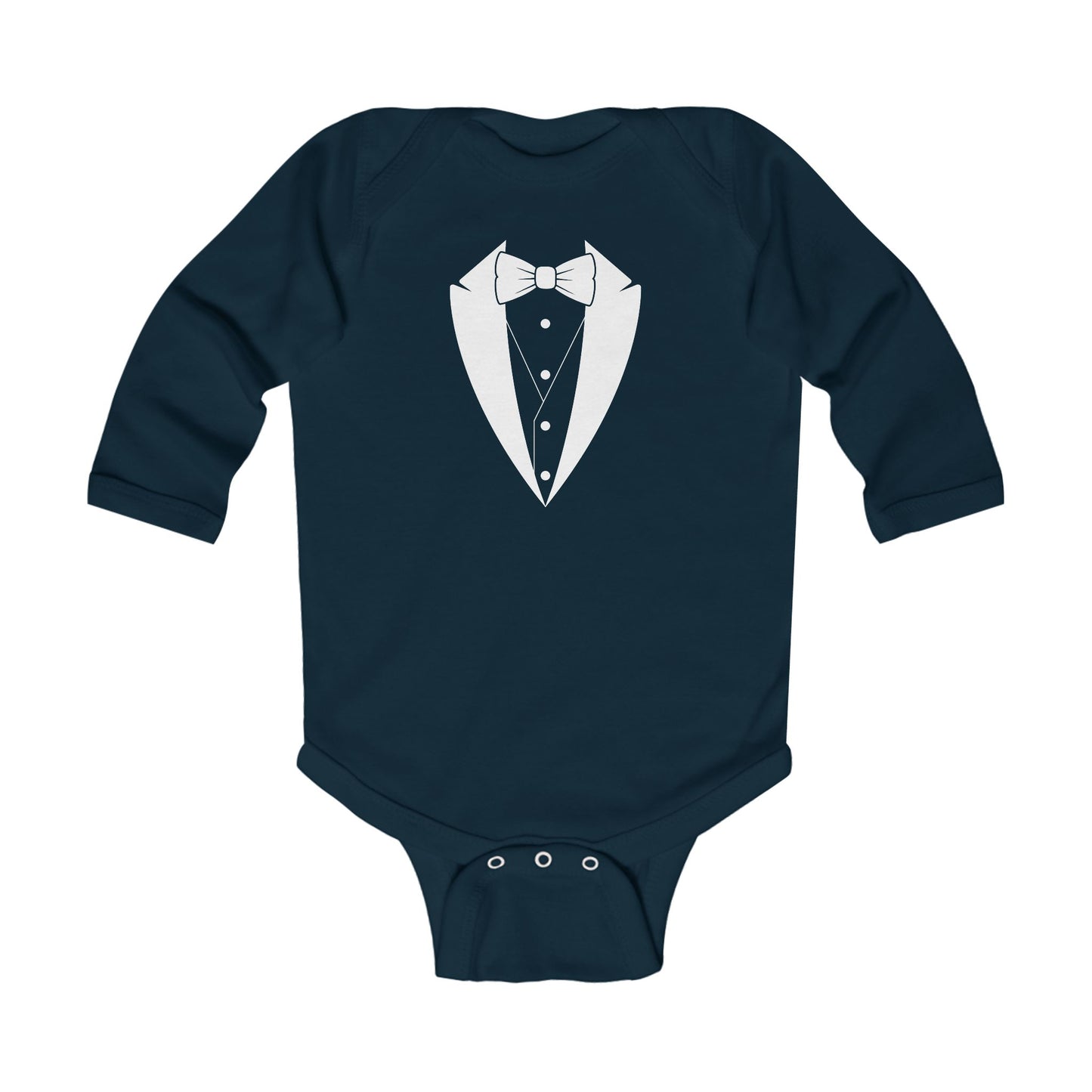 Infant Tuxedo Man Long Sleeve Bodysuit (white logo, dark colors) 0-18mo