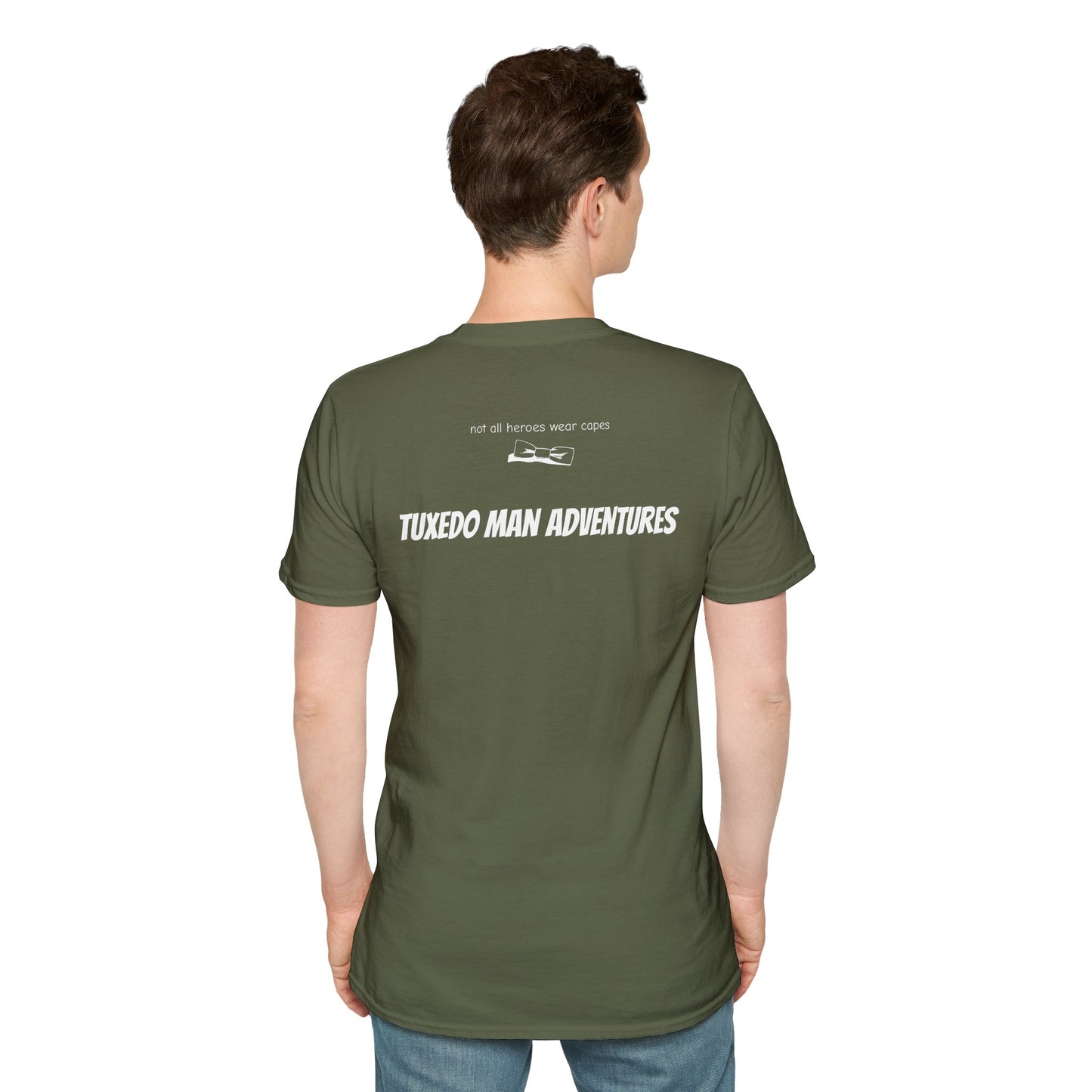 Adult Unisex Tuxedo Man Logo (white logo on dark palette) Gildan100% cotton Softstyle T-Shirt S-3XL