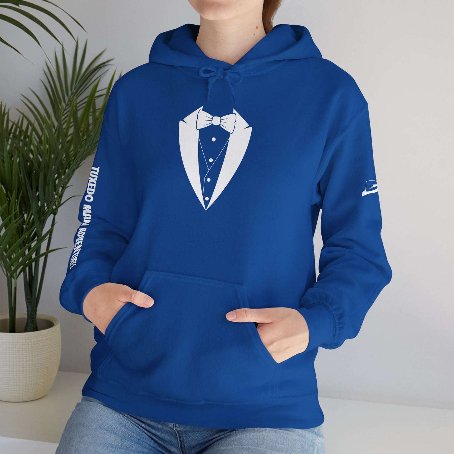 Adult Unisex Hooded Sweatshirt Tuxedo Man Logo (white logo, dark colors) Gildan Heavy Blend™  S-5XL