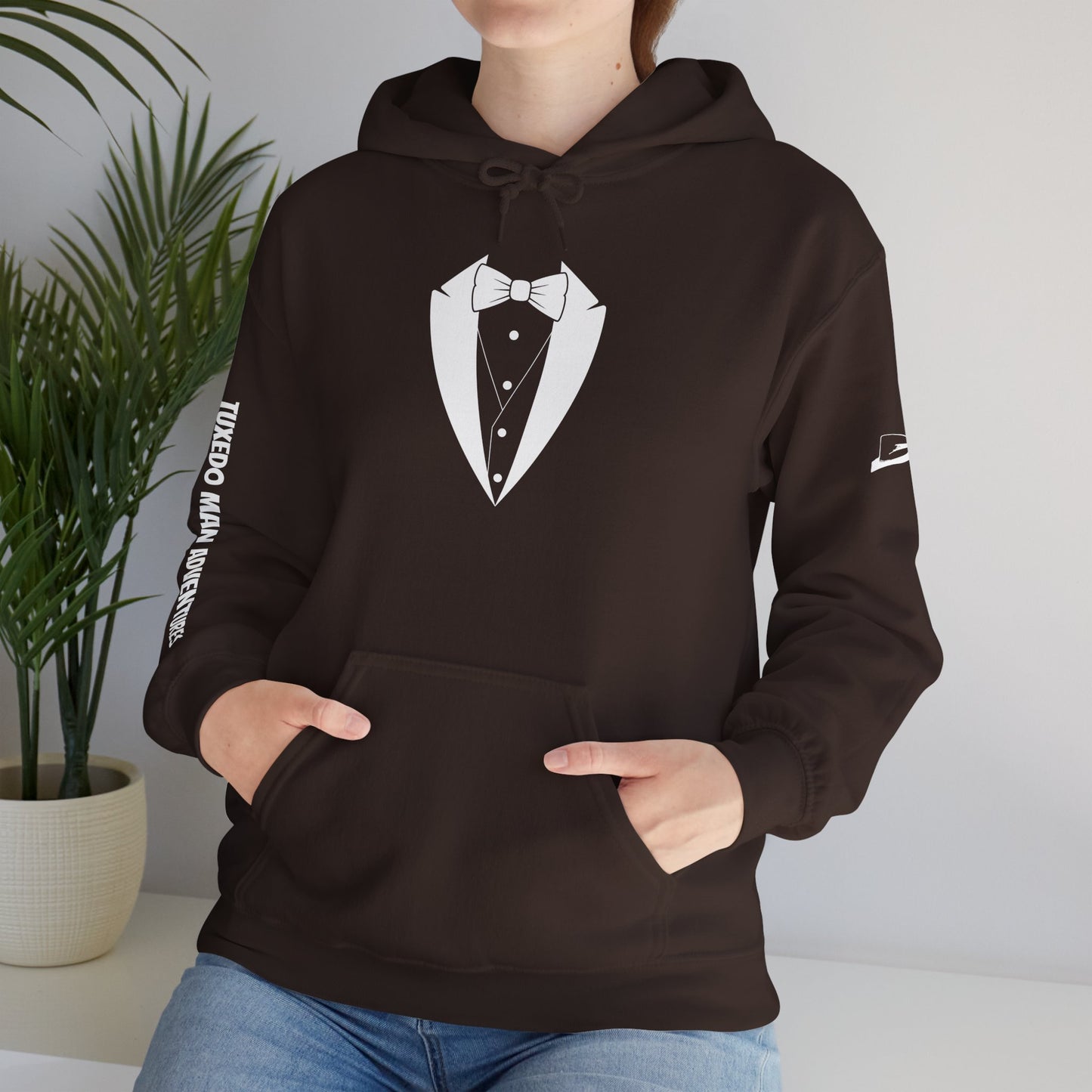 Adult Unisex Hooded Sweatshirt Tuxedo Man Logo (white logo, dark colors) Gildan Heavy Blend™  S-5XL