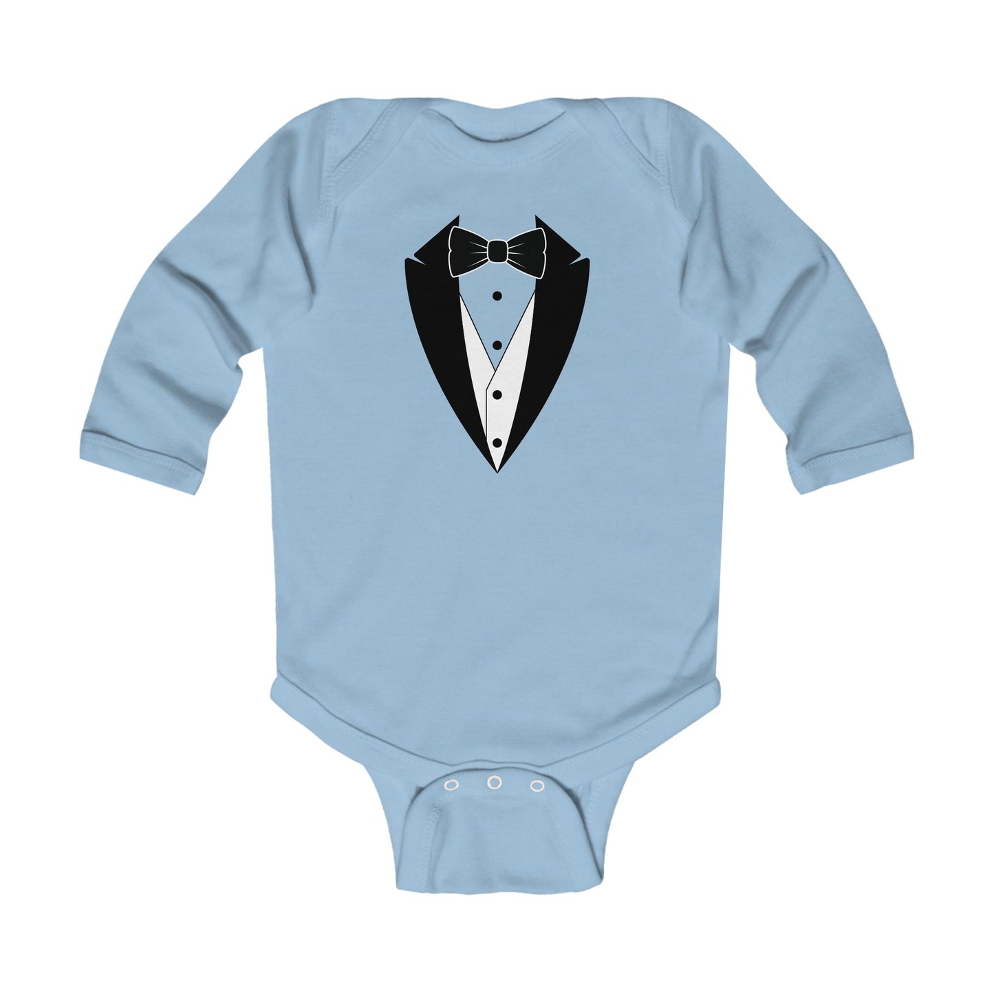 Infant Tuxedo Man Long Sleeve Bodysuit (black logo, pastels) 0-18mo