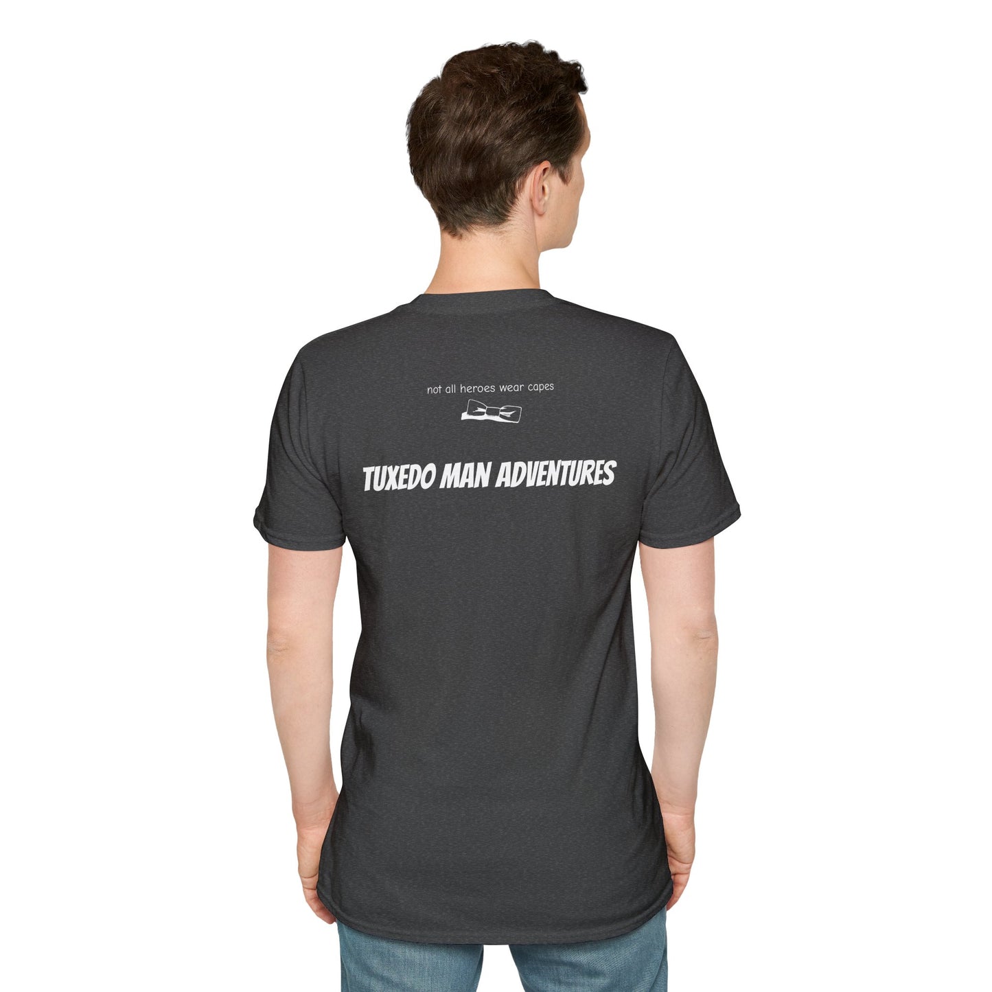 Adult Unisex Tuxedo Man Logo (white logo on dark palette) Gildan100% cotton Softstyle T-Shirt S-3XL