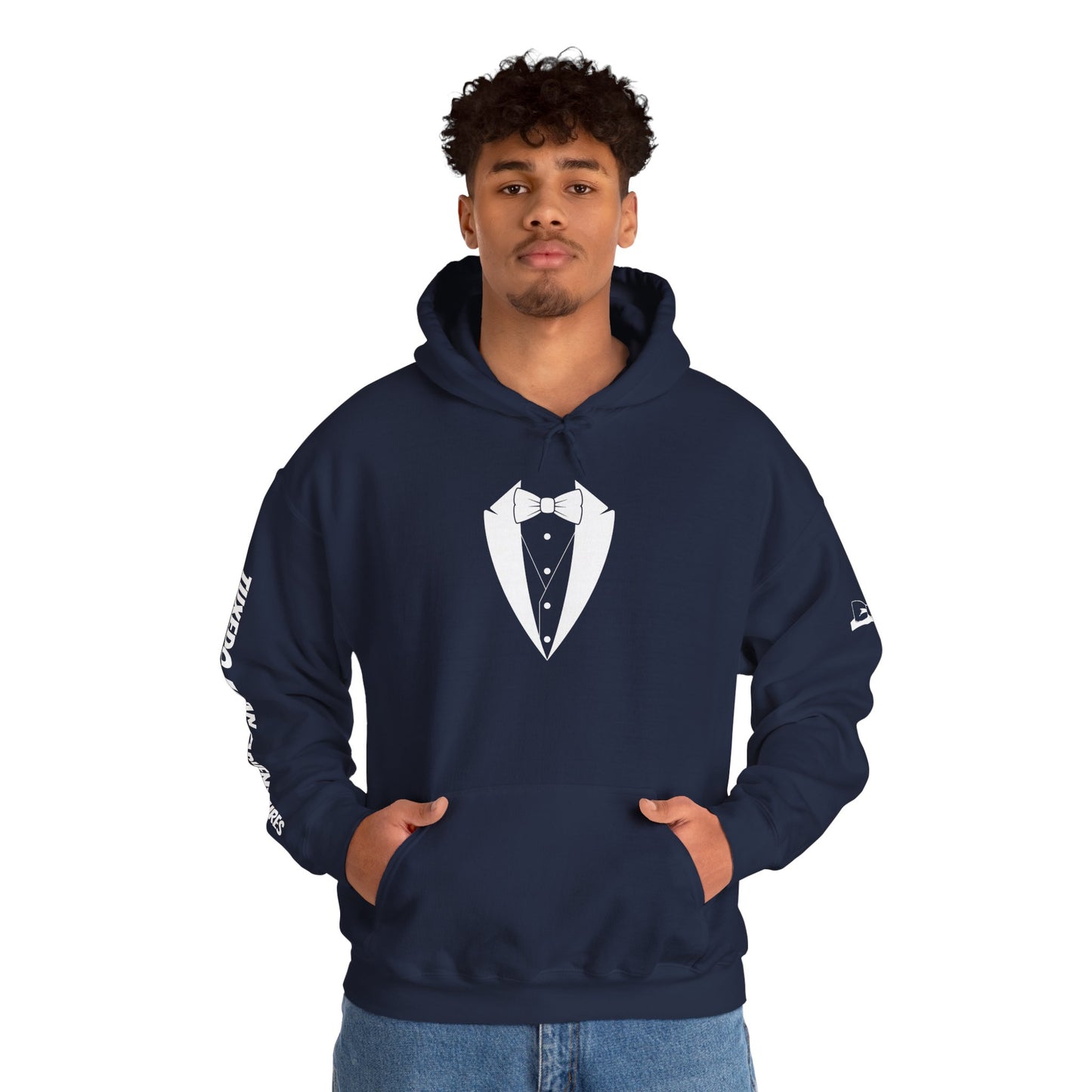 Adult Unisex Hooded Sweatshirt Tuxedo Man Logo (white logo, dark colors) Gildan Heavy Blend™  S-5XL