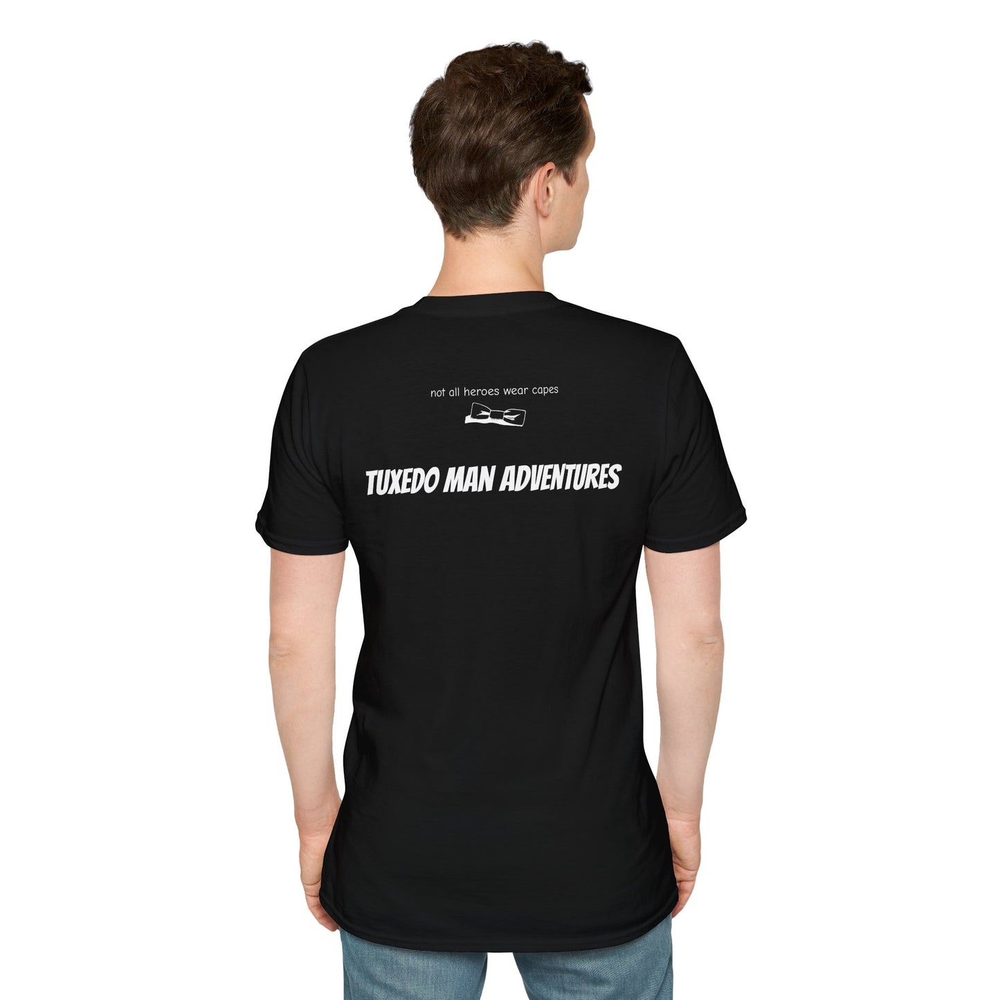 Adult Unisex Tuxedo Man Logo (white logo on dark palette) Gildan100% cotton Softstyle T-Shirt S-3XL