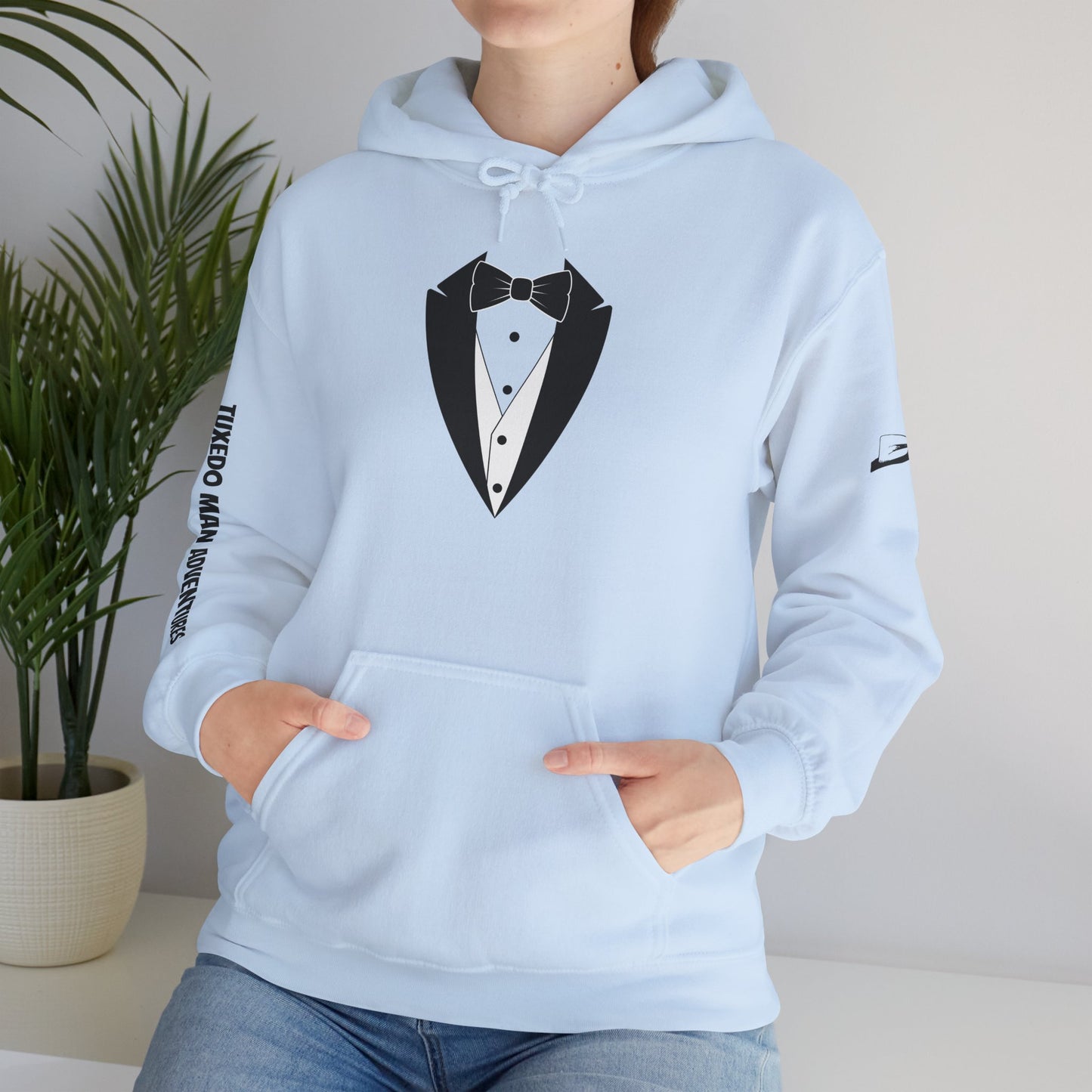 Adult Unisex Hooded Sweatshirt Tuxedo Man Logo (white logo, dark colors)  Gildan Heavy Blend™  S-5XL