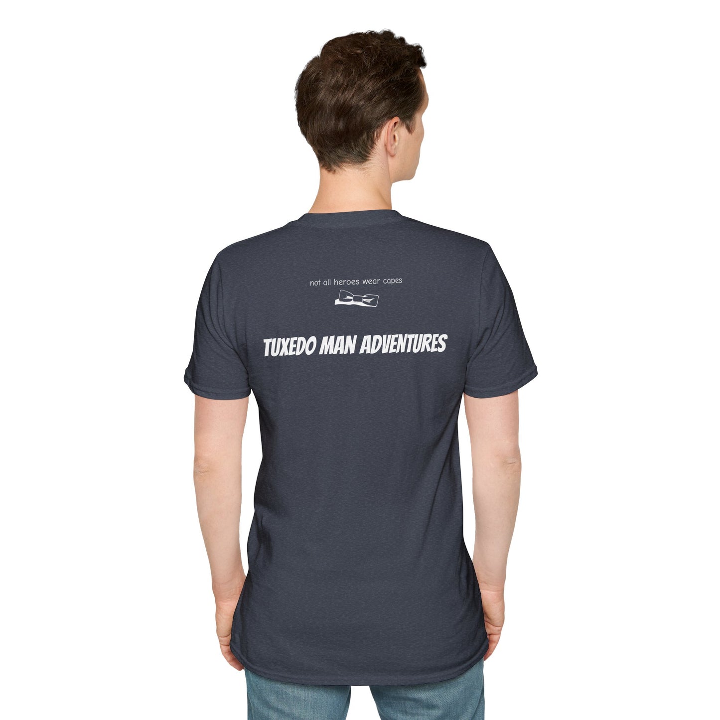 Adult Unisex Tuxedo Man Logo (white logo on dark palette) Gildan100% cotton Softstyle T-Shirt S-3XL